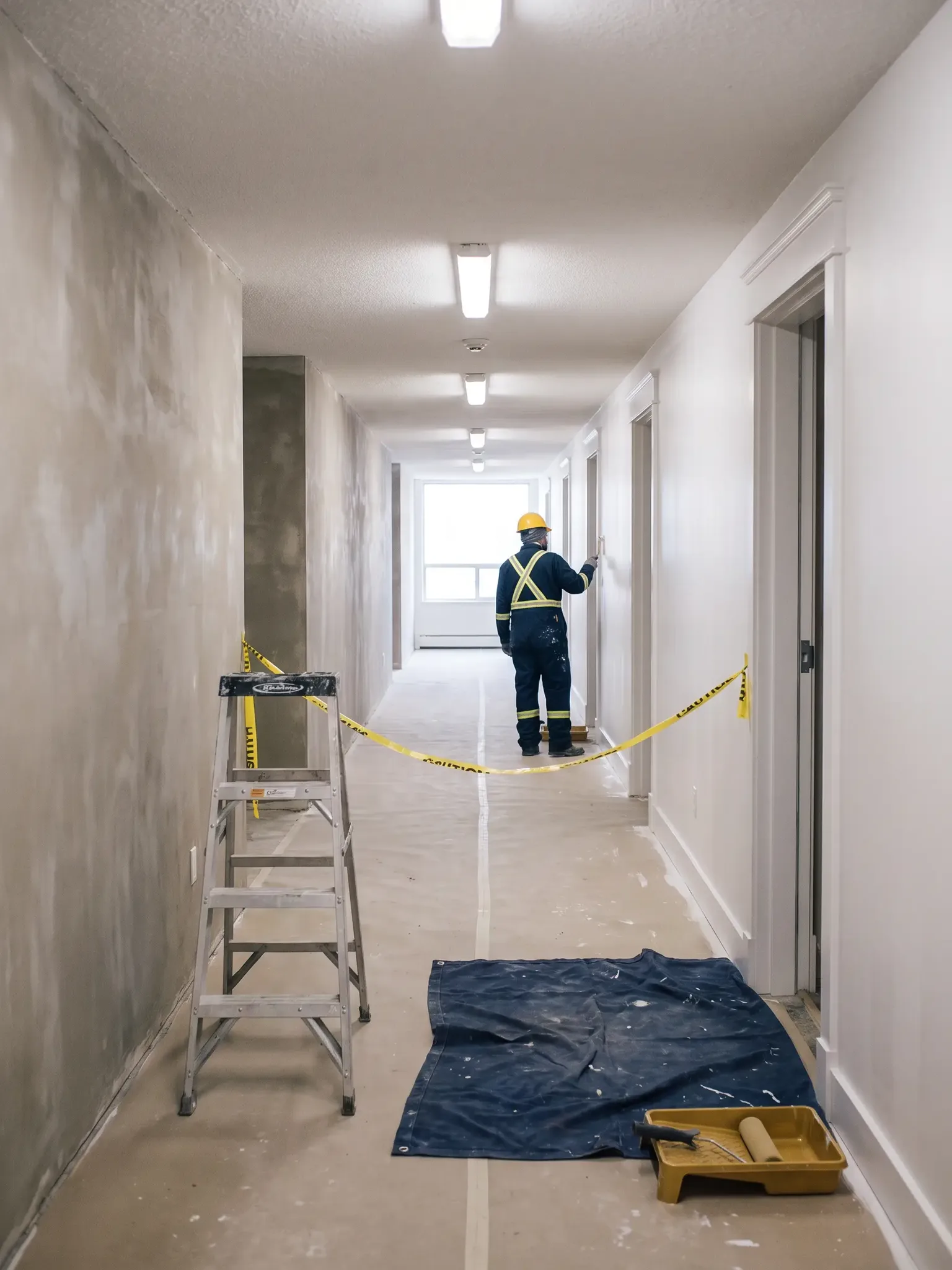 Apartment building corridor mid-renovation with fresh plaster, paint and new door trim