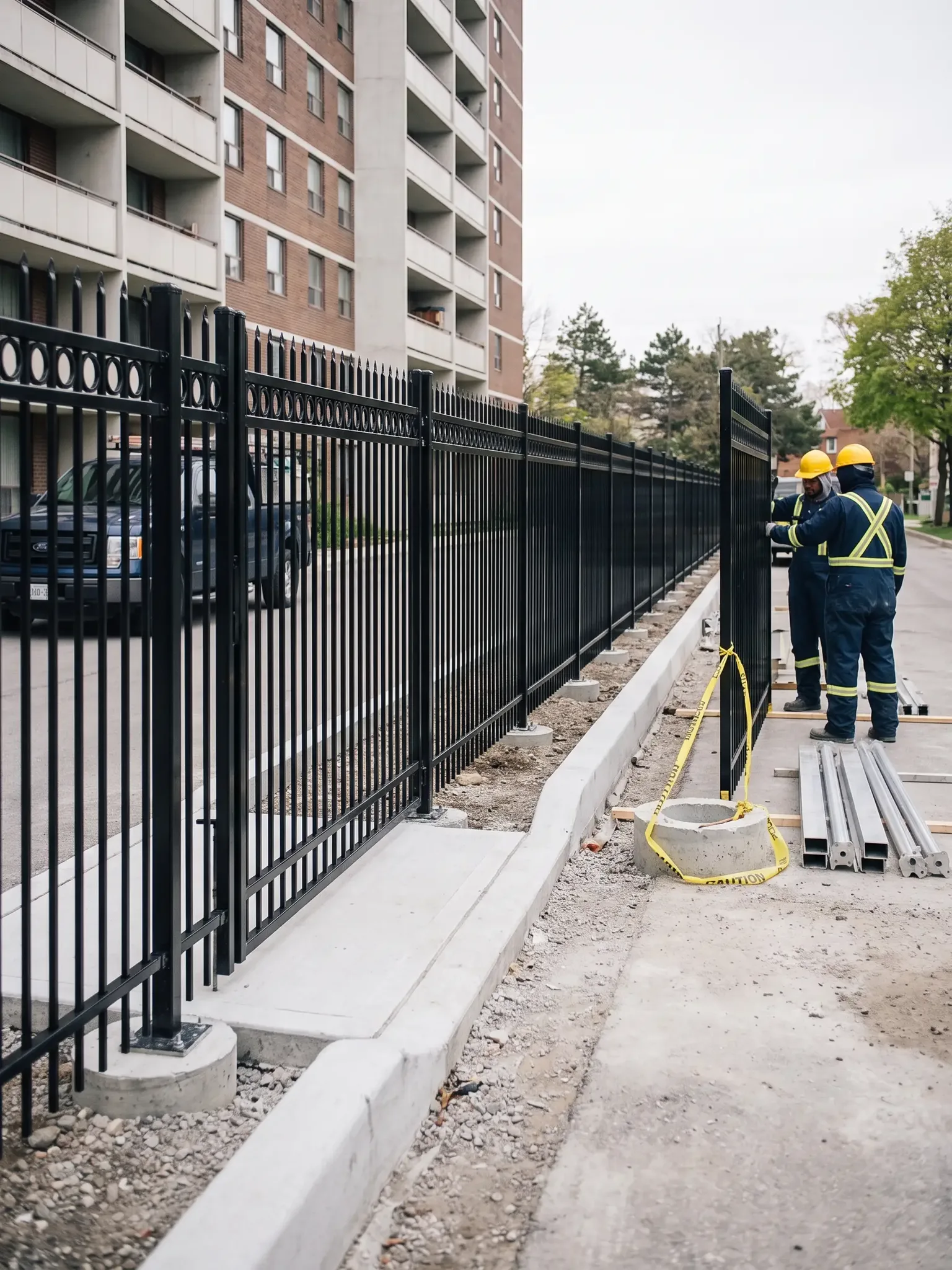 New black ornamental steel fence being installed along a GTA apartment property