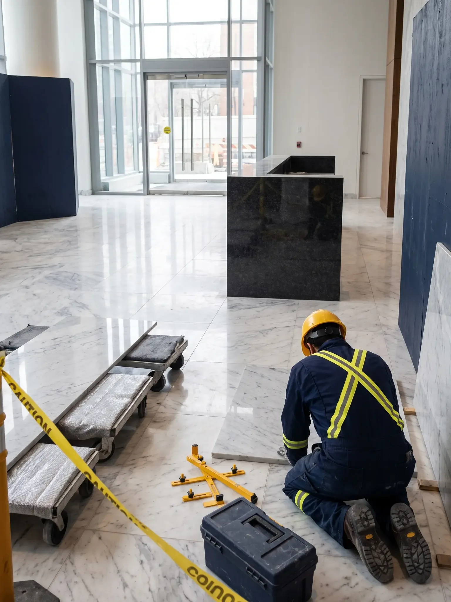New polished marble floor being installed in a condominium lobby
